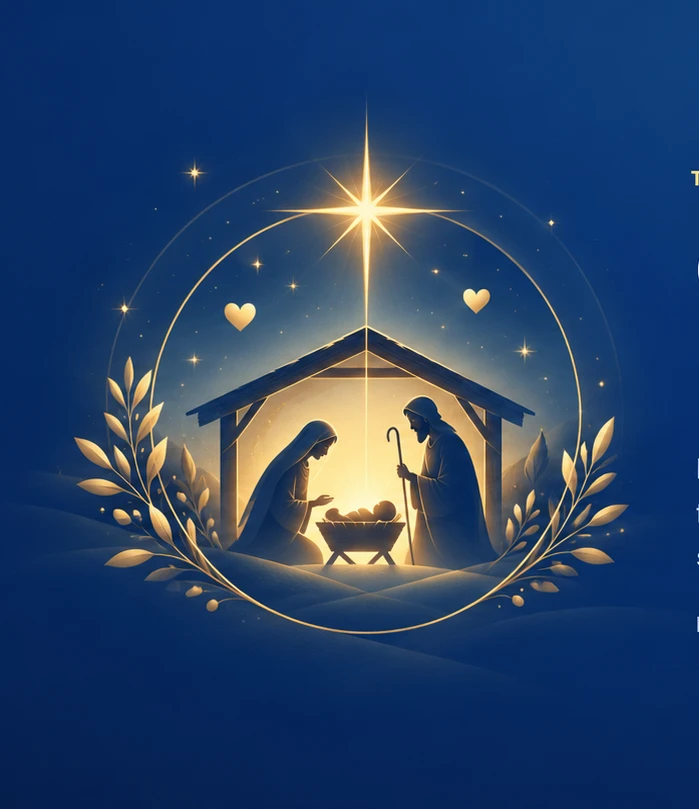 Glowing Christmas Nativity scene with Mary, Joseph and baby Jesus beneath a bright star